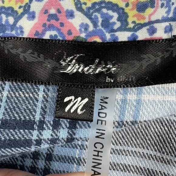 Andree by Unit Boho Tunic Top M Blue Plaid‎ Floral Embroidered Patchwork Tassels - Picture 6 of 14